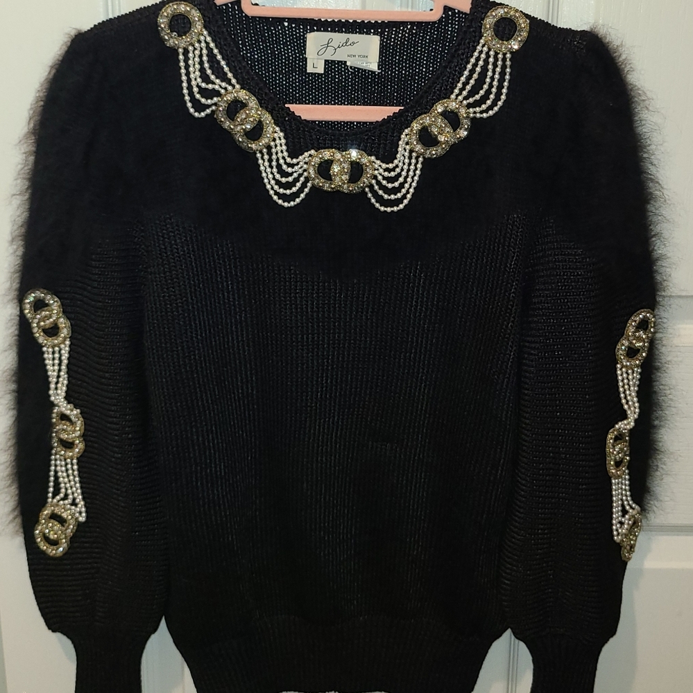 Vtg Lido New York Women's Sz L Ivory Knit Angora Pearls Rhinestones Top Sweater